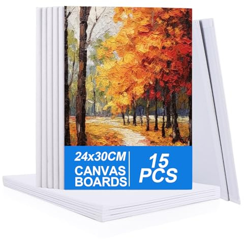 SHUESS 15 Pcs Blank Canvas for Painting - 24 x 30 cm (9 x 12 inch) Canvas Panel Boards - Pre Stretched Blank Art Canvases for Art, Acrylic Painting and Watercolour, 3mm Thick