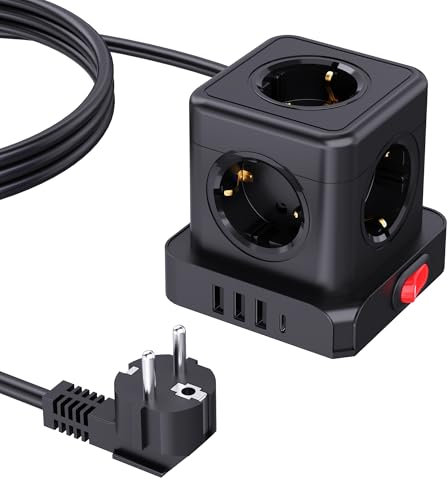 5 Fach Steckdosenwürfel, Steckdosenleiste Würfel mit USB,3680W Mehrfachsteckdose Cube mit Schalter,Steckerleiste, Verteilersteckdose, Mehrfachstecker Steckdosenadapter für Büro,Hause, Schwarz