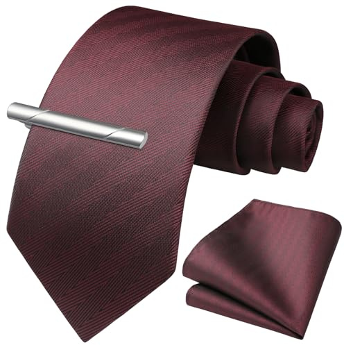 HISDERN Cravate de mariage de couleur unie et carré de poche, ensemble de pinces à cravate pour homme, Marron-2., taille unique