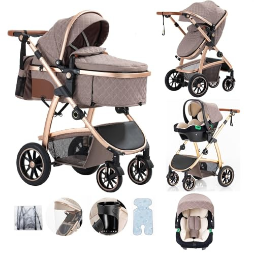 Lnhcrbs Set de Cochecito De Bebé 3 en 1, Cochecito Bebe de Altura Ajustable Con Asiento de Coche, Cochecito Bebe 3 Piezas de Bebé para Bebés de 0-4 Años con Mosquitera Bolsa para Mamá Porta Biberón