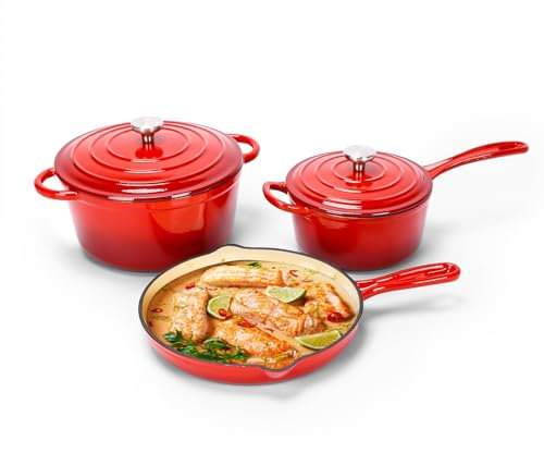 Denmay Enamelled Cast Iron Cookware Set - 5 Piece Dutch Ovens, Pot, Pan, Dutch Oven Set Baking Bread, Ceramic Non-Stick Coating, Gas/Induction Compatible, PFA Free, Red