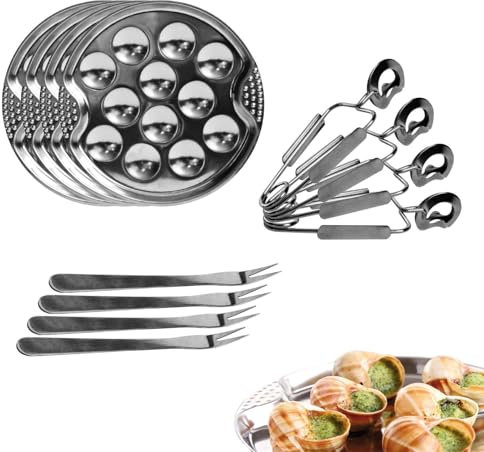 Set Escargot da 12 pezzi – Include piastra a vite in acciaio inox, forchette e pinze a vite – Perfetto per servire lumache ripiene – Argento