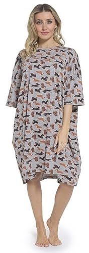 GM Apparel Camicia da notte larga da donna Loungewear Sleepwear Abito da notte Oversize T Shirt Ladies Nighties Manica Corta 100% Cotone Camicie da notte con tasche, Cane Salsiccia Grigio, Taglia
