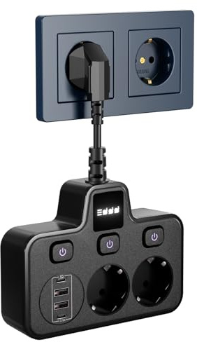 BOCHLION Steckdosenleiste mit USB, 2 Fach Mehrfachsteckdose mit 4 USB (2 USB C+2 USB A), Steckdosenadapter mit Unabhängige Schaltdosen und LED Licht, Mehrfachstecker 3250W 13A für Zuhause Büro-Schwarz