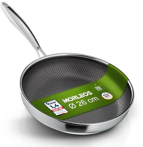 Morleos Padella in ceramica, 26 cm, resistente ai graffi, a 5 strati, 3 mm, 1,12 kg, per induzione, antiaderente, lavabile in forno e lavabile in lavastoviglie, senza PFAS e PTFE