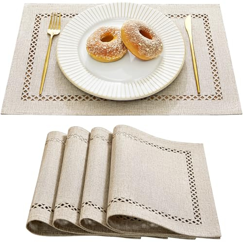 Wracra Tovagliette Americane di lino in stile bohémien, 30 x 45 cm, set di 4 tovagliette rustiche, tovagliette geometrico a due strati unico per cene, feste e uso quotidiano