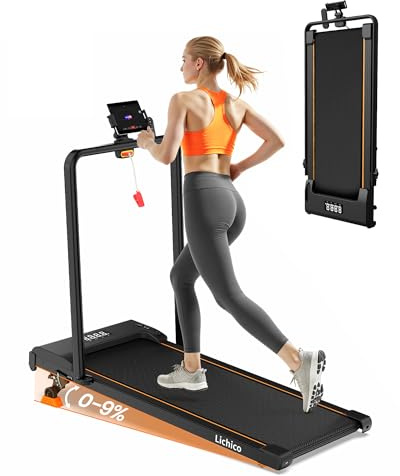 Lichico Löpband med Justerbar Lutning 0-9% eller Hopfällbart Handtag, Litet Walking Pad för Hemmet, Tyst Löpband för Skrivbord, Bluetooth, Maxvikt 150 kg, Tre Modeller att Välja Mellan