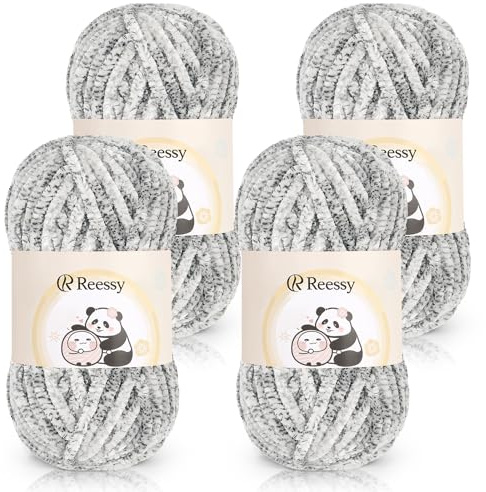 Reessy Chenille Yarn 400g, Super Soft Chunky Wool for Knitting-White Grey | Fluffy Velvet Chenille Wool Ombre, Rainbow Thick Yarn Chunky Wool for Knitting Exquisite Crafts, Amigurumi, Baby Blanket