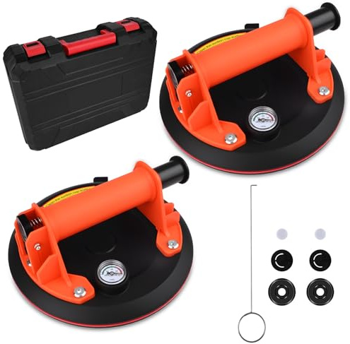 GuKKK 2er Set 8 Saugheber mit Manometer, Glassauger Tragkraft Max.200kg, Robuste Plattenheber für Glas, Fliesenheber, Vakuum Saugheber für Glas, Fliesen, Marmor, mit Tragbarer Werkzeugkasten