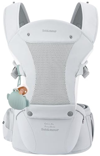Bebamour Babytrage für Neugeborene bis Kleinkinder, Hüftsitz 0-36 Monate mit Kopfhaube, 3 Stück Beißpolster, Hüftverlängerung, Aufbewahrungstasche und Schnulleretui,grau