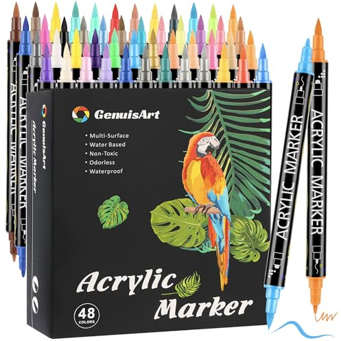 Sanweyter Acrylic Paint, Acrylic Markers Akrylfärgpennor 24 48 6080 färger med dubbla spetsar fin och pensel, vattentäta och för sten, ägg, trä, glas, keramik, duk (48)