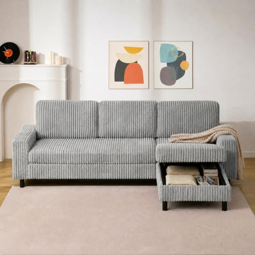 HOMRELEXA 200cm L Shaped Sofa with Movable Storage Ottoman, Grey