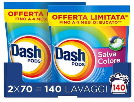 Dash Pods Detersivo In Capsule, 2x70 Lavaggi, Salva Colore, Rimuove Le Macchie, Igienizza, Brillantezza Per I Capi