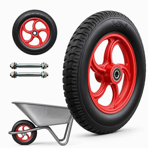 Relaxdays Handcart Wheels, Set of 2, 3.25-8, Solid Rubber, Black/Red