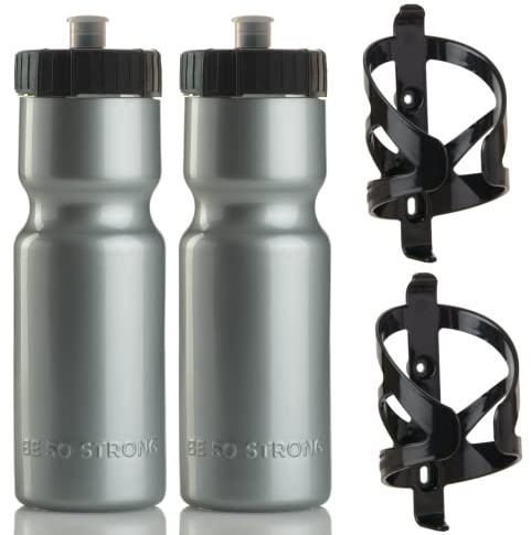 Bike Water Bottle Holder & Bottle Combo – 2-Pack 22 oz Sports Squeeze Bottles with Pull Top Cap & Easy-Install Bike Cage – Made in USA – 50 Strong Brand
