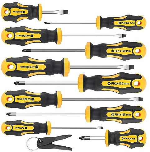 Amartisan Lot de 10 tournevis magnétiques professionnels, 5 tournevis cruciformes et 5 embouts plats, poignée amortissante