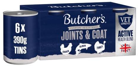Butcher's Joints & Coat Wet Dog Food Tin Cans Variety Pack, 9.36 kg (24 x 390 g) | Complete & Balanced - British & Irish Farmed - Joint Support - Contains Chicken, Salmon & Turkey Recipes