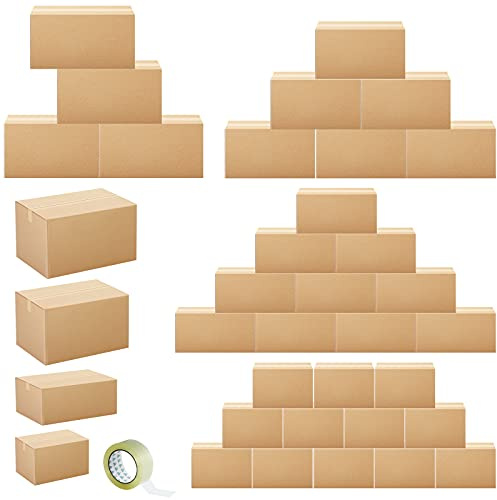 Outus 32 Pack 4 Sizes Shipping Boxes Mailers Corrugated Cardboard Box Kraft Mailing Boxes Small Packing Box with Packaging Tape for Shipping Packing Mailing (Kraft Color)
