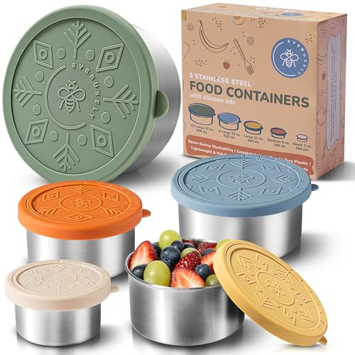 Everusely - Porta pranzo in acciaio inox con coperchi ermetici - Set da 5, collezione Muted - Porta pranzo ermetico - Contenitori per alimenti impilabili