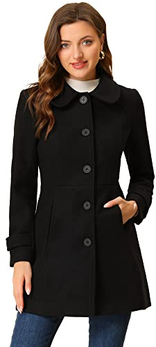 Allegra K Women's Peter Pan Collar Single Breasted Button Front Winter Coat Black L