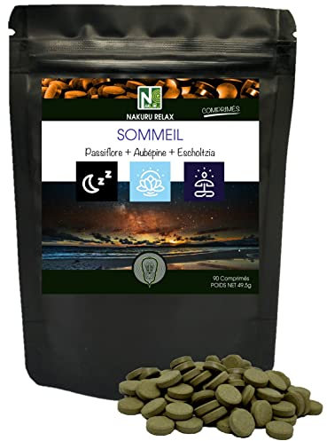 NAKURU | Sommeil = Passiflore + Aubépine + Escholtzia | Gamme Relax | Fabriqué en France | (90 Comprimés de 550mg / Poids Net: 49,5g)