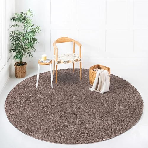 payé Teppich Rund Hochflor Shaggy - 120x120cm - Braun Einfarbig Uni Flauschig Modern Boho Wohnzimmer Schlafzimmer Deko Teppiche Weich Schlafzimmer