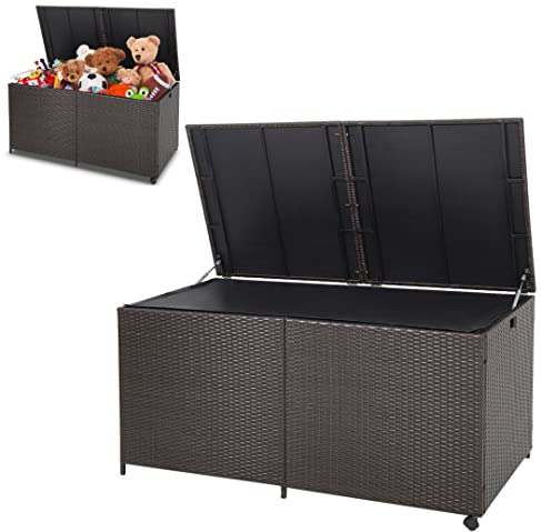 GiantexUK 190/270/660L Garden Storage Box, Weatherproof Rattan Deck Box with Zippered Liner & Pneumatic Rod, Outdoor Utility Chest Container for Patio Cushions Gardening Tools (660L, with Wheels)