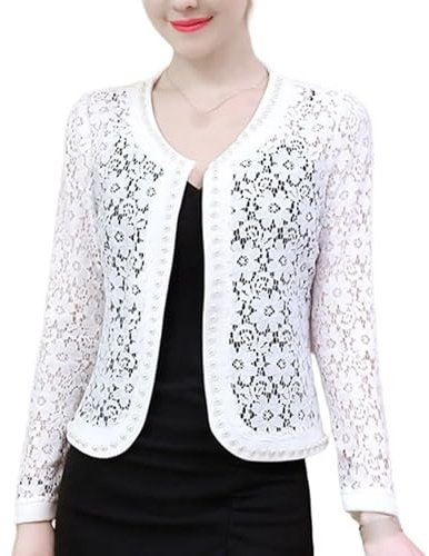 Bolero Shrug,Summer Short Coat Round Neck Lace Hollow Out Shrug Women'S Long Sleeves Shrug Elegant Shoulder Jacket See Through Open Front Cover-Up For Wedding,White,L