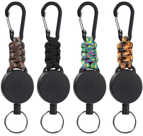 HAOYULUO 4 Stücke Schlüsselanhänger Ausziehbar,Einziehbarer Schlüsselanhänger,mit 60cm Ausziehbar Stahlseil,Schlüsselband Ausziehbar,Karabiner (Schwarz, Tarnung, Blaugrün, Orange)