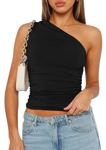 YILEEGOO Kvinnor Sexig Ärmlös One Shoulder Crop Tank Tops Rynkad Tight Smal Passform Y2K Väst Topp Trendig Cami Gå ut Toppar, Z1 Svart, S