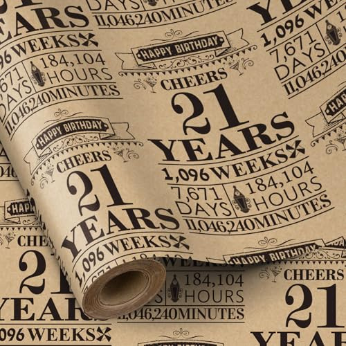 RUSPEPA Födelsedag omslagspapper rulle, minirulle, svart 21 års design kraft presentpapper bra för födelsedag, fest, 43,2 cm x 5 m, 21:a födelsedagen