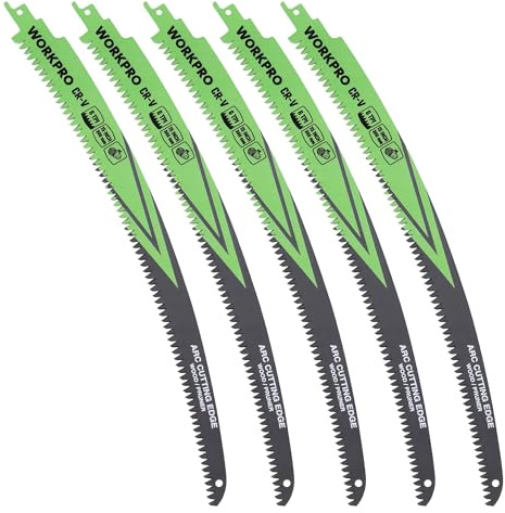 WORKPRO 15 Japanese Teeth Wood Pruning Reciprocating Saw Blades Set, Arc Cutting Edge 6TPI Pruning Saw Blades for Tree Pruning, Wood Cutting, Durable & Sharp, 5 Pack