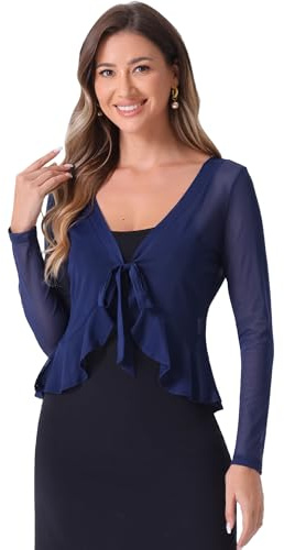 Allegra K Boléro Transparent Femme en Mousseline de Soie Gilet Court en Voile à Volants à Nouer Devant Manches Longues Cardigan Léger Bleu Foncé S