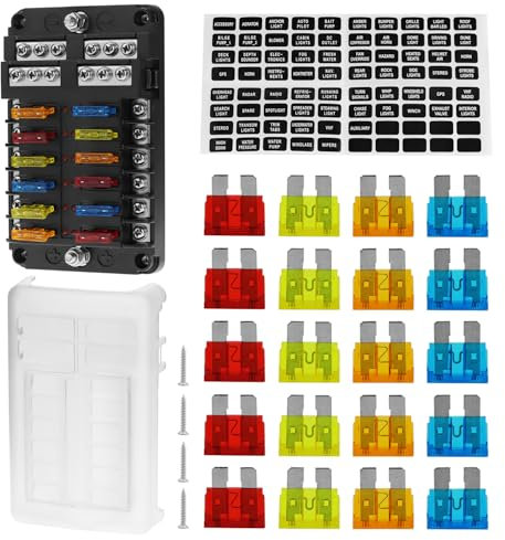 QWORK® 12 Fach Sicherungshalter, DC 12V Sicherungskasten, Sicherungsblock, Feinsicherung 12V, Sicherungshalter mit Minuspol, LED-Anzeige & Schutzabdeckung, für Auto, Boot, LKW