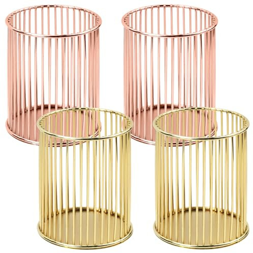 KUAOOAUK 4 Pcs Metal Pen Holder, Openwork Round Wire Pencil Pot, Multifunctional Makeup Brushes Storage Basket, Desktop Tidy Organizer for Home School Classroom Office (Gold/Rose Gold)