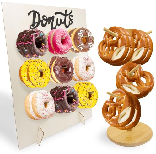 Niuohoy 2 stycken återanvändbara bagel-donut-stativ munkar ställ trä bagelhållare för bröllop födelsedagar, babyparty, årsdagar, konditori