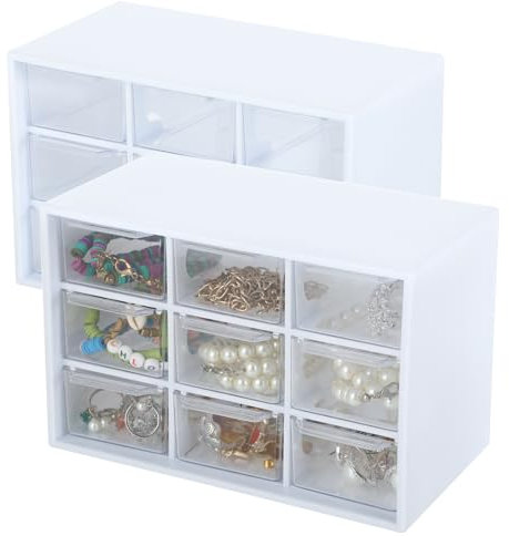 2 Mini Cassettiere Organizzatrici - Set 9 Cassetti Trasparenti 18×11,8×10cm, Ideali per Accessori Creativi, Oggettistica e Materiale da Ufficio