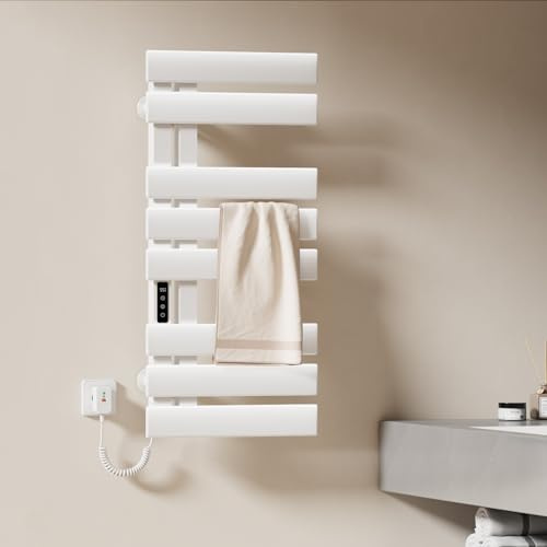 EMKE Scaldasalviette Elettrico Bagno, 850x400mm, 230W, Bianco, Lato Sinistro, Scalda Asciugamani, Schermo Tattile, Termoarredo Elettrico Bagno con Controllo Wi-Fi, Funzione Timer