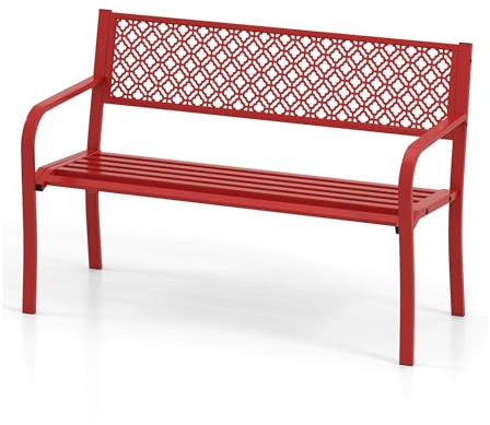 KOMFOTTEU Banc de Jardin pour 2-3 Personnes, Banquette de Parc en Métal, 127 x 59 x 82 cm, Fauteuil de Parc avec Dossier, Charge de 360KG, Assise à Lamelles, pour Balcon, Terrasse (Rouge)