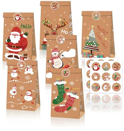 Notwoe® 12-24 Pezzi Sacchetti Regalo Natale,Sacchetti Carta Regalo con una bella grafica,Adesivi personalizzati,Sacchettini Carta Kraft per Caramelle Compleanno,Feste, Matrimoni. (cachi-A12)