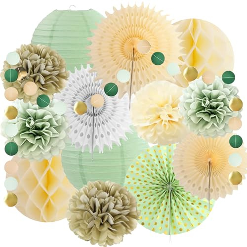 15 stycken salvia-gröna festdekorationer med papperslyktor, pappersfläktar, guldprickar och blomkrans, grön papperssolfjädrar dekoration, salviagrön partyset