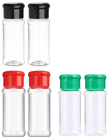 FUGLUS 6 piezas tarros vacíos de plástico para especias con tapas agitadoras, recipientes de condimentos de 100 ml, botellas redondas vacías de especias para almacenamiento, botellas transparentes