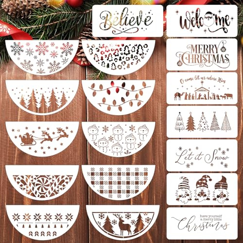 18pcs Christmas Large Stencils for Crafts, Reusable Half Round Drawing Stencil Merry Chirstmas Let It Snow Xmas Holiday Stencil for Painting on Wood Sign Porch Door Hanger Home Décor-15X30cm