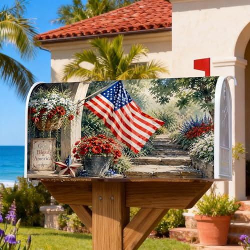 Coperture magnetiche per cassette postali con bandiera americana, fiori rustici patriottici, sentiero di pietra, protezione per la posta estiva per decorazioni esterne, 45,7 x 53,7 cm