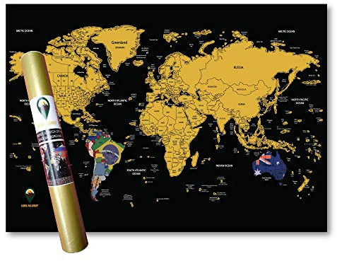 Global Walkabout, planisfero da grattare, con sfondo con bandiere, dimensioni portatili, poster con planisfero, deluxe, da viaggio, con paesi e dati, idea regalo Nero