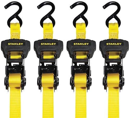 Stanley S1006 Black/Yellow 1 x 14' Ratchet Tie Down Straps - Medium Cargo Securing (3,000 lbs Break Strength), 4 Pack