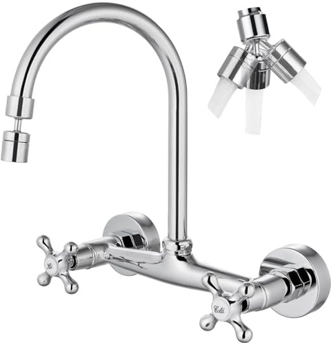 Airuida Wall Mount Kitchen Faucet with Sprayer Wall Mounted Kitchen Sink Faucet Double Cross Handles 360 Degree Swivel Spout Restaurant Mixer Tap Commercial 8 Inch Center-Chrome Polish