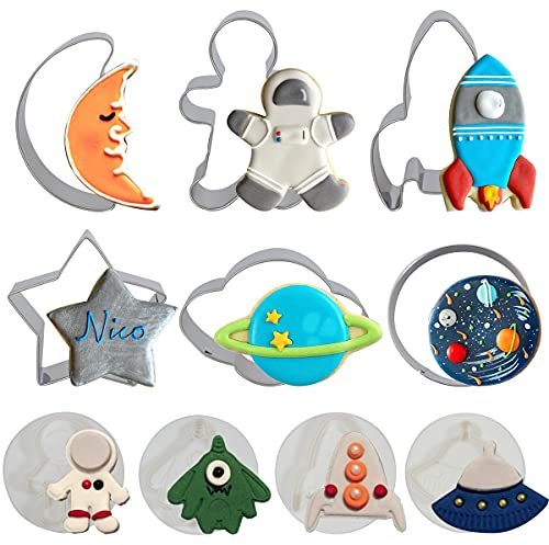 Fangleland Set di stampi per biscotti spaziali per bambini, motivo: astronauta, astronauta, luna, stella, pianeta, cerchio, pasticceria, biscotti, torte, forniture per feste