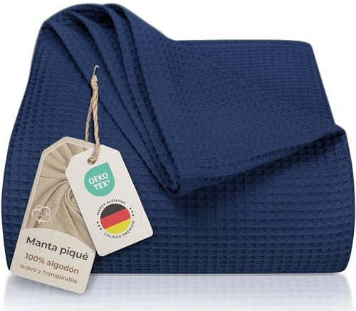 LAYNENBURG Copriletto 180 x 220 cm - Waffle Pique 100% cotone - Coperta estiva leggera - Coperta di cotone come coperta da letto, coperta da divano, Coperta ariosa da divano (blu)
