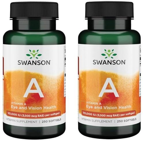 Swanson Vitamin A 10,000 IU (3,000 mcg RAE) Natural Nourishment for Bone, Skin Health, Vision Support & Immune System Function - High Absorption Vitamin A 250 Softgels (2 Pack)
